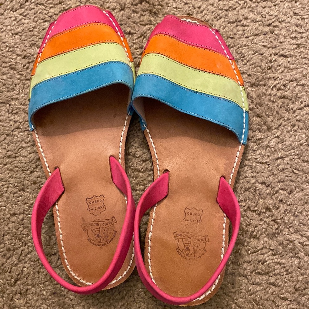 L’amor Madona custom rainbow leather sandals hand made in Menorca. Size 9